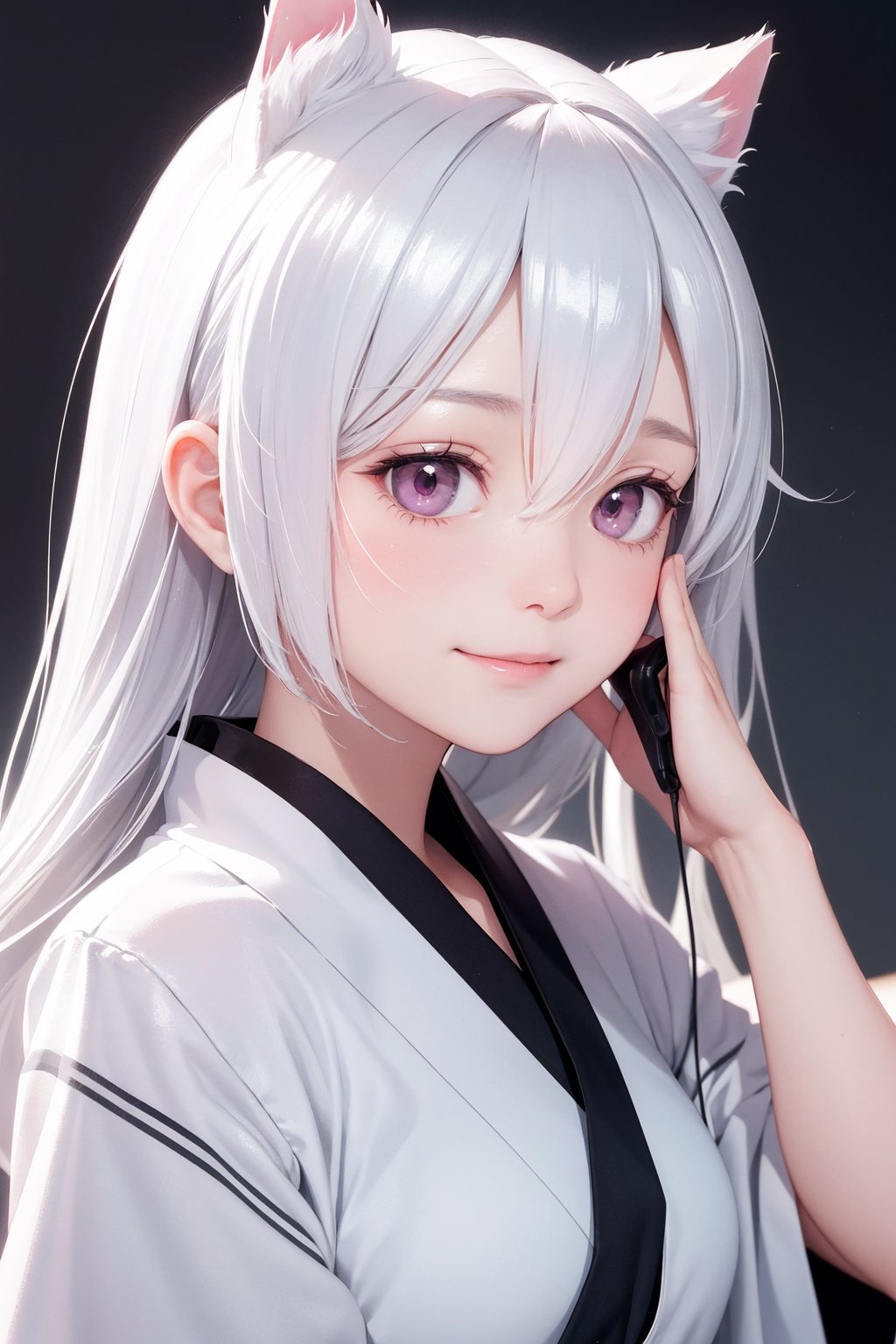 portrait, (photorealistic:1.4), (RAW photo:1.3) BREAK, absurdres ,high res, ultimate detailed, high-resolution in elaborateness BREAK (1 very cute girl:1.3), solo BREAK (pale pink eyes:1.1), drooping eyes  BREAK small breasts, white skin, silver cat ears, (shiny silver hair:1.3), long hair BREAKmiko kimono, smile