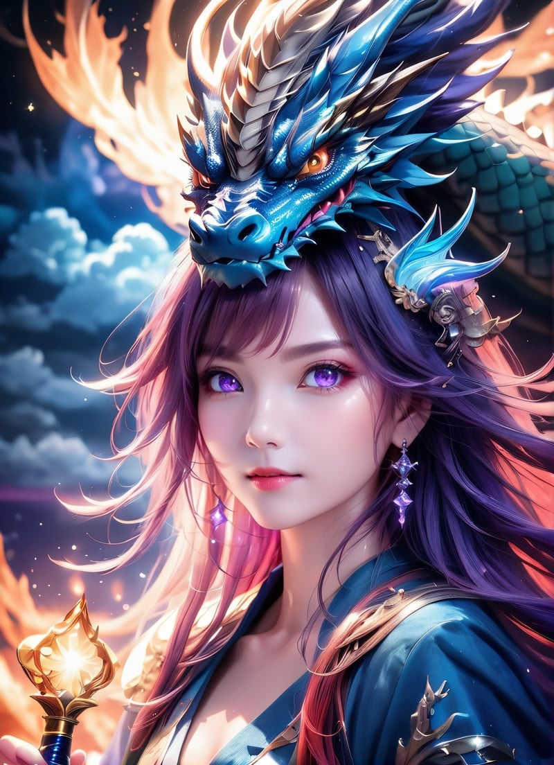 masterpiece, best qualityultra-realistic mix fantasy,(1 giant eastern dragon:1.3) behind an asian woman holding a glowing sword,void energy diamond sword, in the style of dark azure and light azure, mixes realistic and fantastical elements, vibrant manga, uhd image, glassy translucence, vibrant illustrations, ultra realistic, long hair, straight hair, light purple hair,head jewelly, jewelly, shawls,light In eyes, red eyes, portrait, firefly, bokeh, mysterious, fantasy, cloud, abstract, colorful background, night sky, flame, very detailed, high resolution, sharp, sharp image, 4k, 8k, masterpiece, best quality, magic effect, (high contrast:1.4), dream art, diamond, skin detail, face detail, eyes detail, mysterious colorful background, dark blue themes