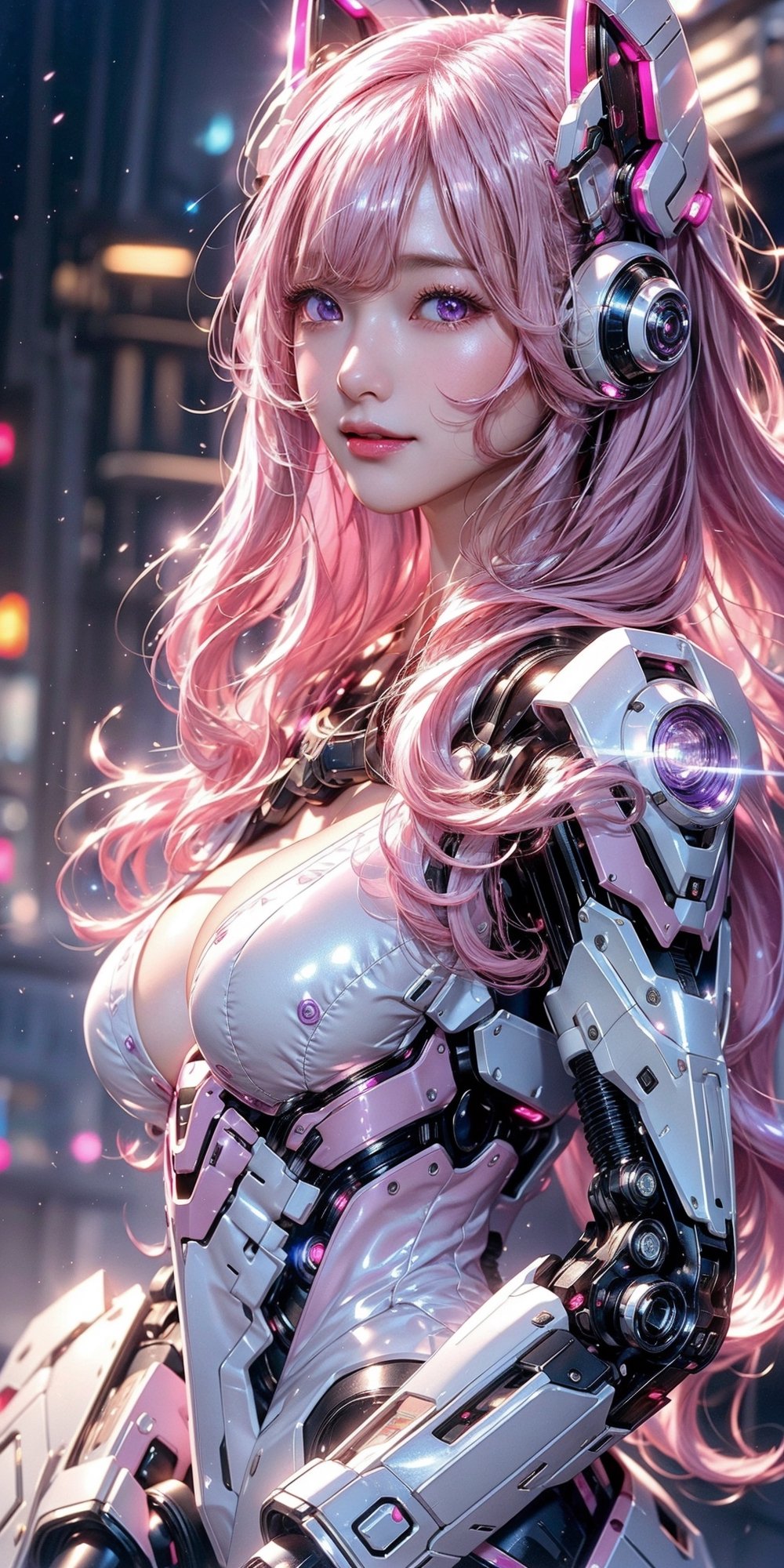 masterpiece, best quality, great, highly detailed CG unity 8k wallpaper, depth of field, super fine illustration, illustration, CG, 3D, extremely detailed, a mech girl, sci-fi battlefield,hawken, smile, open mouth, long hair, (light-pink hair, purple eyes:1.2), solo,A silver female robot,largebreast,a metallic shining body, sparkling eyes, cute face, kawaii, delicate hair, floating hair, shiny hair, shiny skin, headgear,
 (light pink lips: 0.8)dynamic pose,straight-on,full body,(straight-on,)