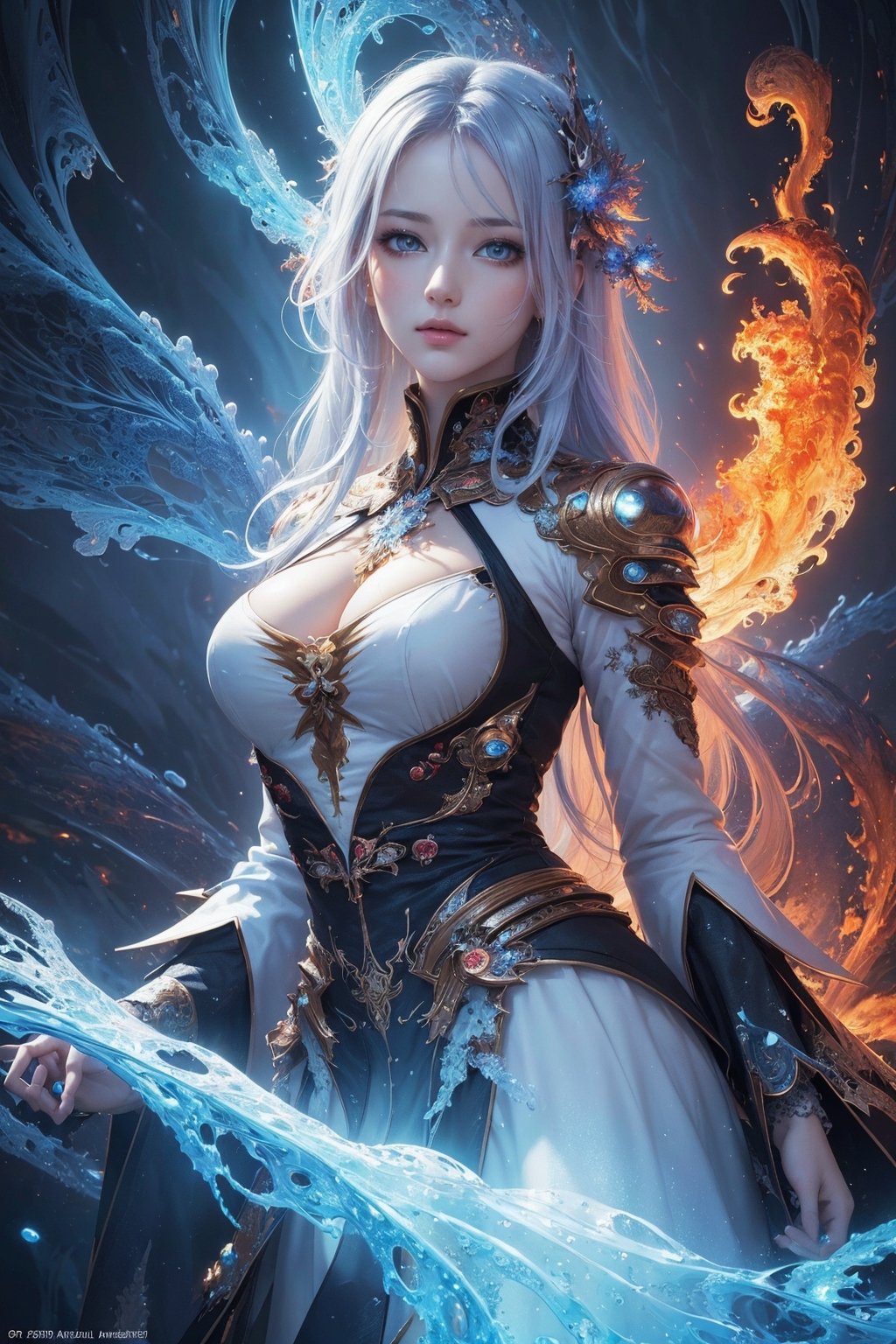 (masterpiece, top quality, best quality, official art, beautiful and aesthetic:1.2), (1girl), extreme detailed,(abstract, fractal art:1.3),colorful hair,highest detailed, detailed_eyes, fire, water, ice, lightning, light_particles, ghost,