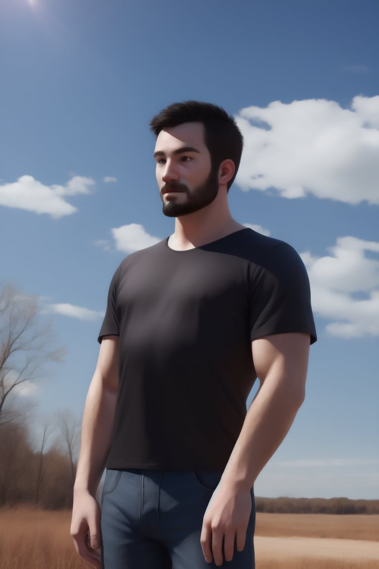 human, girl, solo, short hair, shirt, black hair, 1boy, standing, short sleeves, male focus, outdoors, sky, day, pants, cloud, blue sky, black shirt, facial hair, black pants, sunlight, t-shirt, realistic, photo background,Pectoral Focus