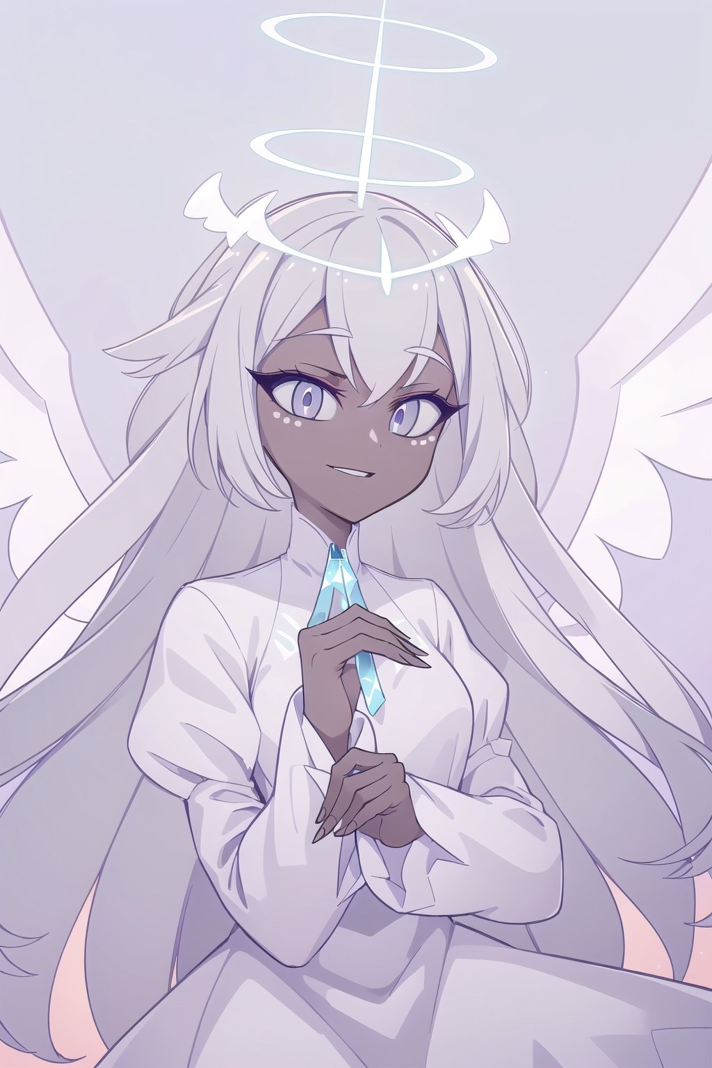 ((masterpiece, best quality, 1girl, solo)), angel, dark skin, grey skin, halo, glowing halo, upper body, face view, dark eyes, dark thick eyelashes, long dress, dress, gradient hair, grey hair, smile, happy, face dots, covered neck, sera, wings, multiple wings, long face, sharp jaw,