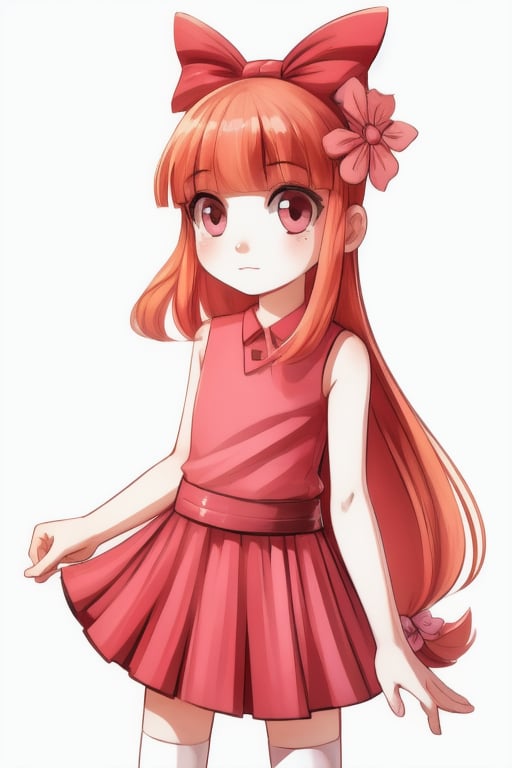 1girl, human, (blossom:1.5), orange hair, blunt bangs, straight hair, pink eyes:1.2), (hair bow, red bow, sleeveless pink dress, white thighhighs:1.2), (white background, plain background), ((skinny, young)),