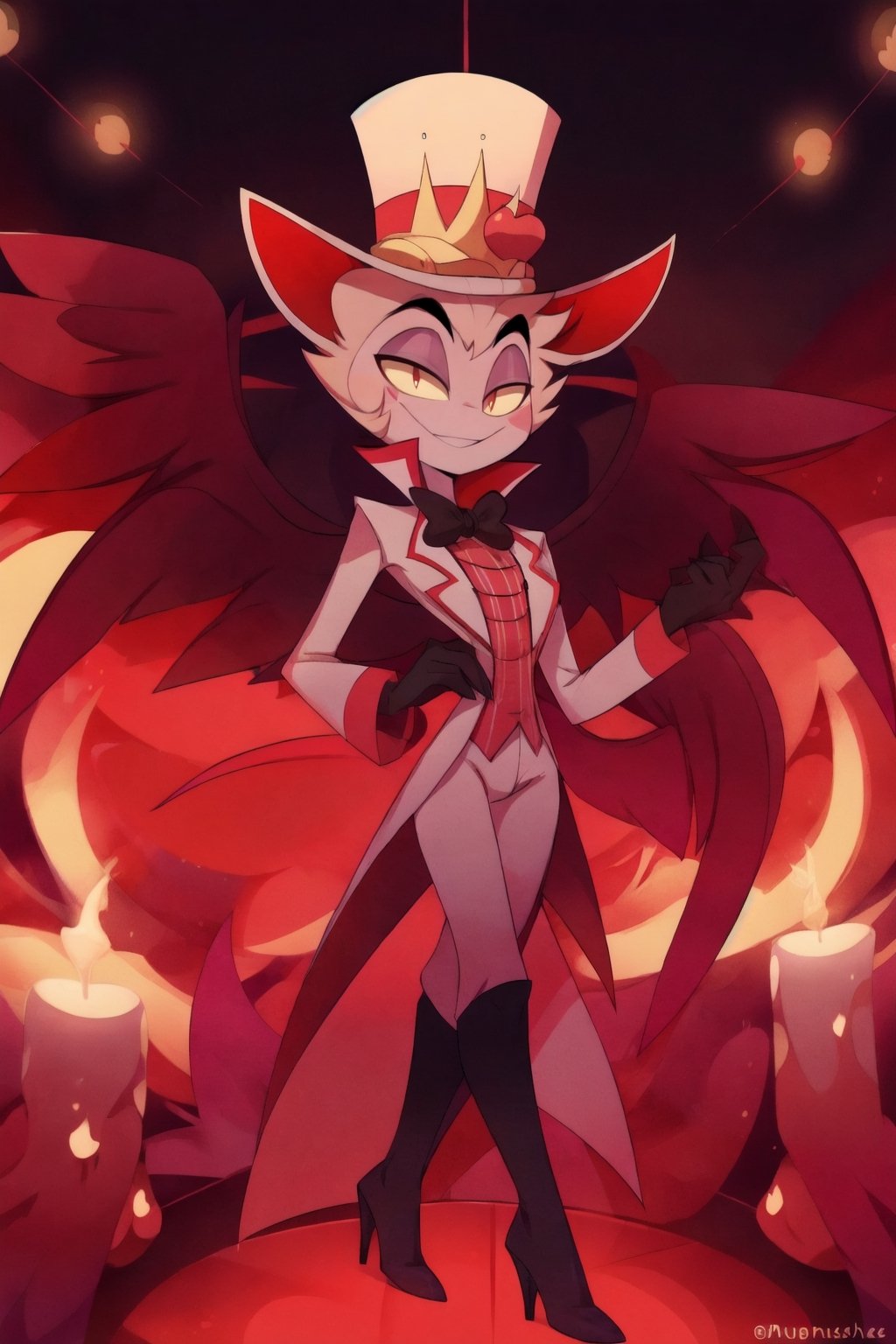 ((masterpiece, best quality)), 1boy, lucifer, full suit, cheeks, smile, thin, high heels, gloves, top hat, full body