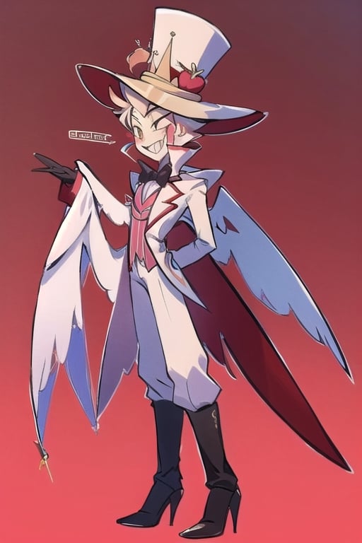 ((masterpiece, best quality)), 1boy, lucifer, full suit, cheeks, smile, thin, high heels, gloves, top hat, full body