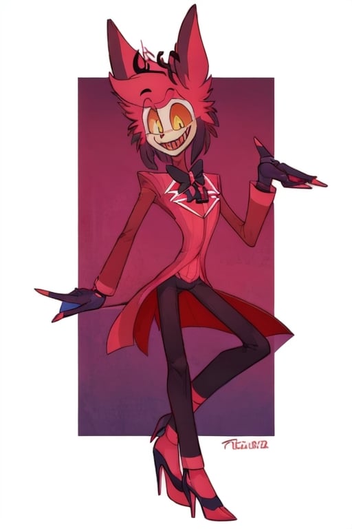 ((masterpiece, best quality)), 1boy, alastor, full suit, cheeks, smile, thin, high heels, gloves, top hat, full body