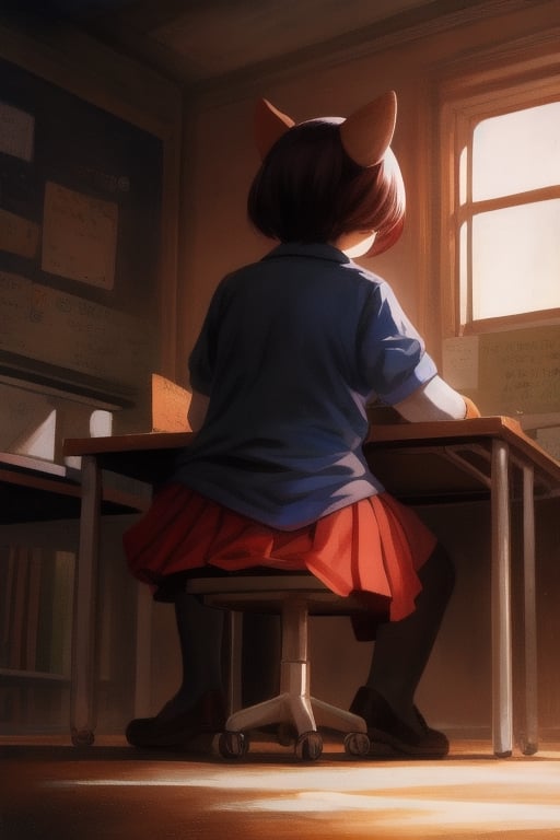 ((masterpiece, best quality, official art, hdr, high contrast, view from the back)), 1girl, solo, school, man, short girl, playing on desk, crossed legs