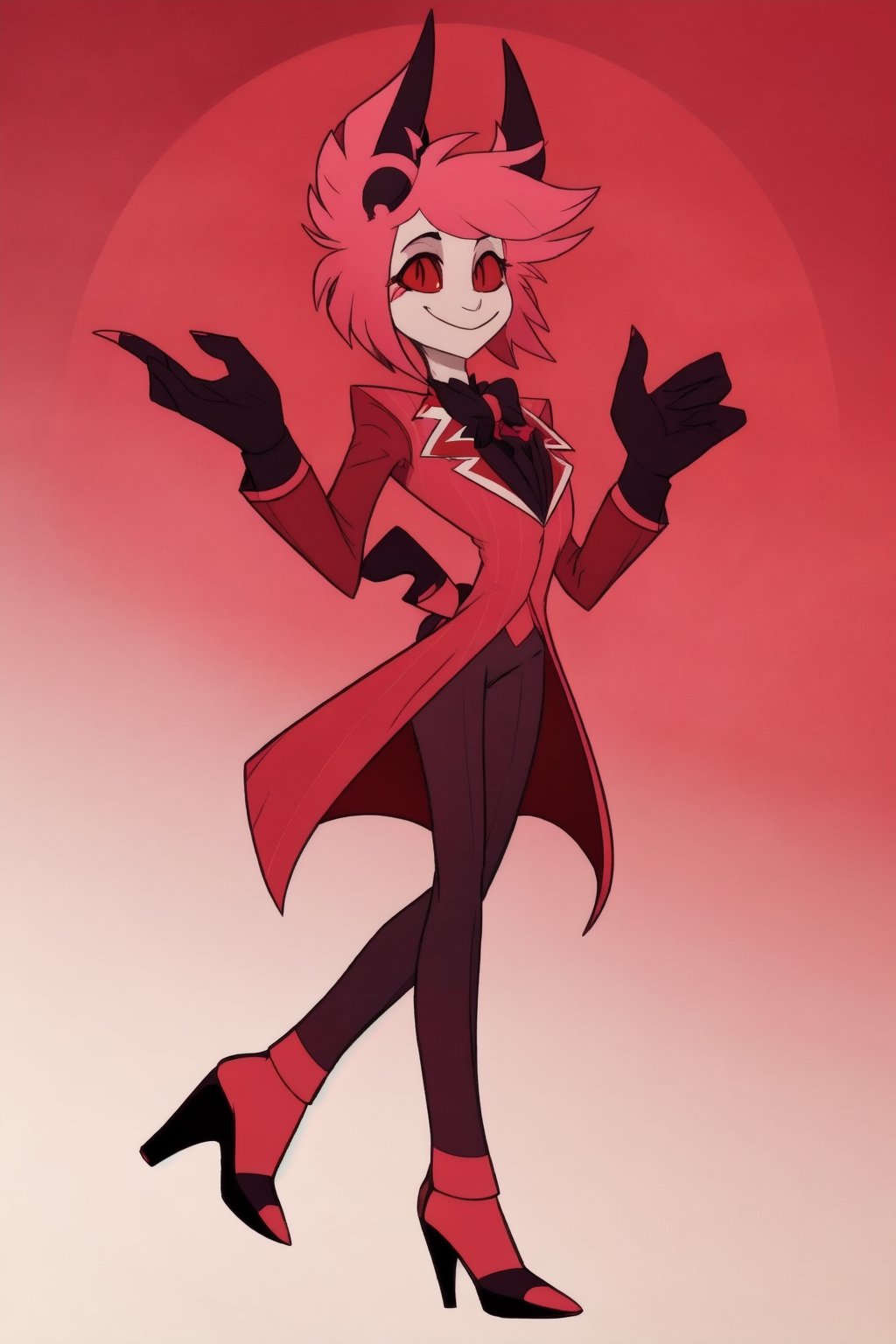 ((masterpiece, best quality)), 1boy, lucifer, full suit, cheeks, smile, thin, high heels, gloves, top hat, full body