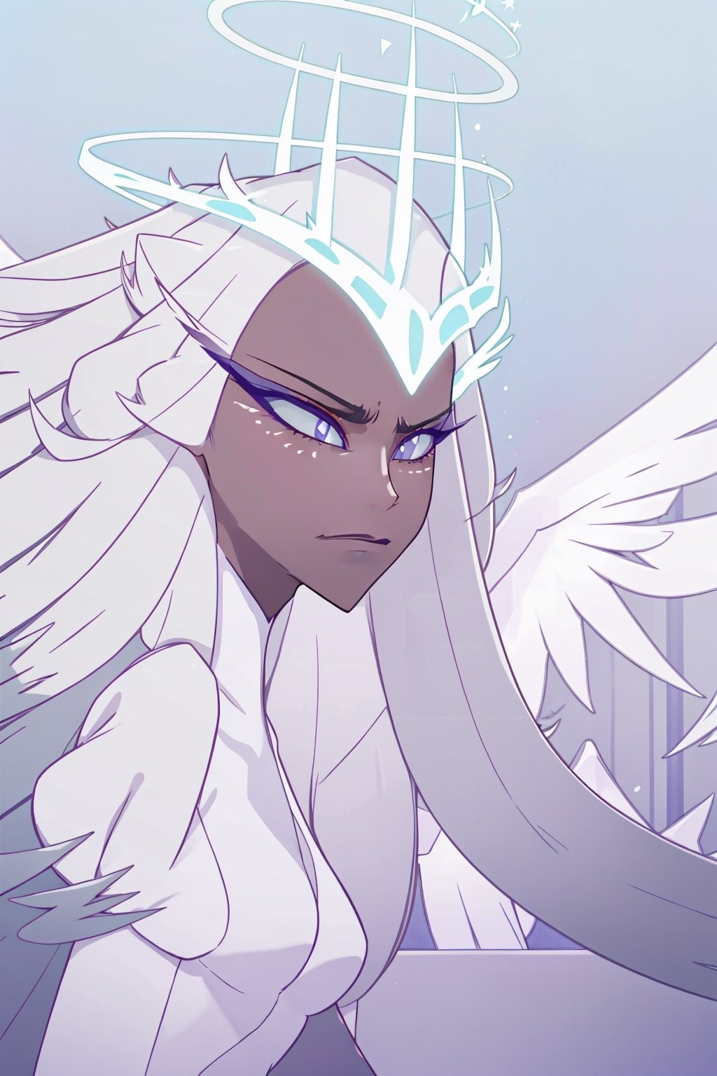 1girl, solo, long hair, closed mouth, upper body, white hair, wings, dark skin, makeup, frown, halo, eyeshadow, angel wings, angel, sera, long face, sharp jaw