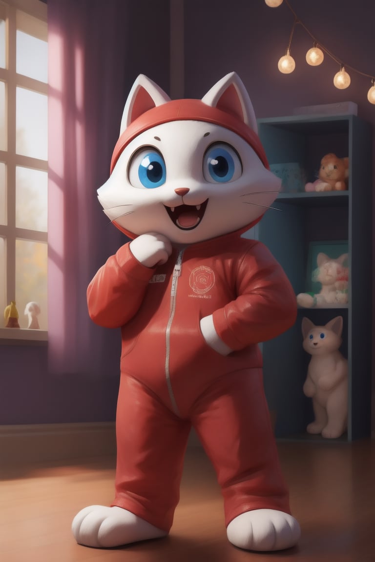 A young woman, dressed as a cartoon cat mascot, stands confidently with her full body visible. She wears a realistic fur onesie that perfectly captures the whimsical spirit of the character. In the background, children play and laugh during a lively kindergarten game session. The warm lighting accentuates her playful expression, while the vibrant colors of the games add a pop of excitement to the scene.