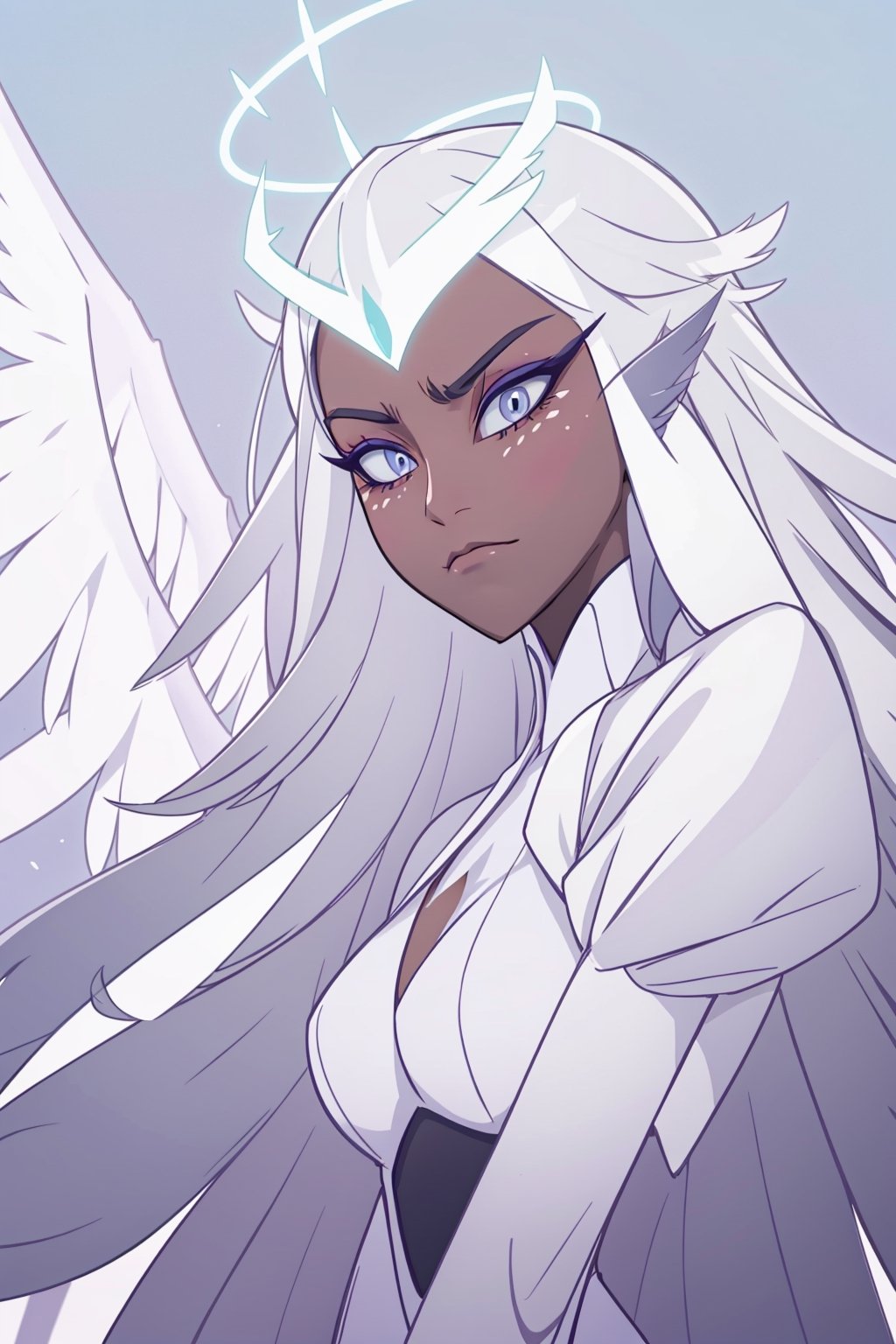 1girl, solo, long hair, closed mouth, upper body, white hair, wings, dark skin, makeup, frown, halo, eyeshadow, angel wings, angel, sera, long face, sharp jaw