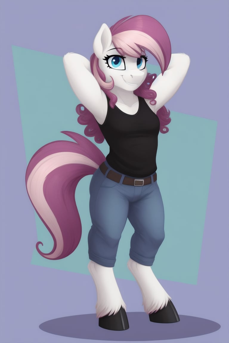 1girl, mlp, anthro pony, furry, blue fur, pink hair, bangs, straight hair, long tail, fluffy curly tail, stand, hooves, proud expression, smirk, hands behind the head, 