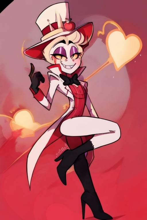 ((masterpiece, best quality)), 1boy, lucifer, full suit, cheeks, smile, thin, high heels, gloves, top hat, full body