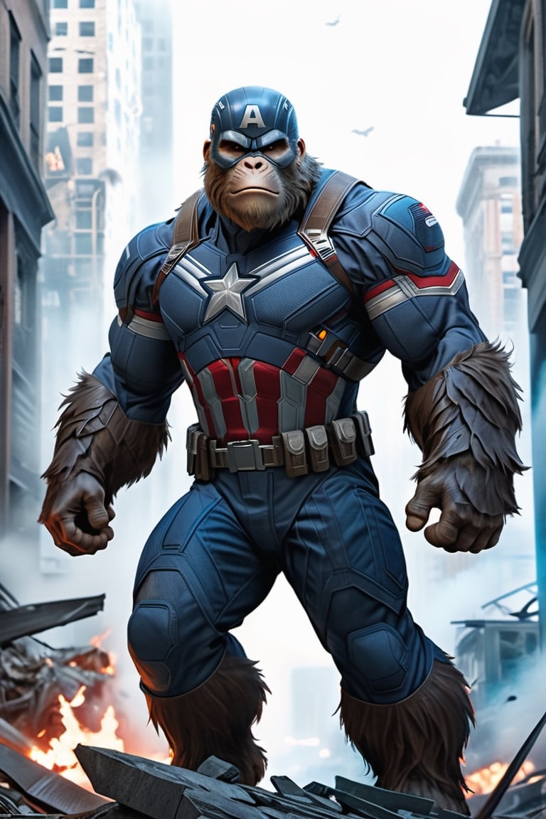 A formidable and awe-inspiring Kong, draped in the iconic Captain America suit from the latest Avengers installment, creating a spectacular fusion of cinematic legends. The scene unfolds against a backdrop of urban destruction, with Kong standing tall amidst the rubble, embodying the spirit of the legendary superhero. The intricately designed suit, complete with the Captain America emblem, seamlessly integrates with Kong's colossal form, showcasing a majestic blend of primal might and superhero aesthetics.

The absence of the Captain America helmet reveals Kong's primal visage, adding a personal and ferocious touch to this epic crossover. The cityscape is bathed in a dynamic mix of ambient lights, casting a heroic and dramatic atmosphere over the scene. The details of Kong's fur and the texture of the suit are highly detailed, creating a visual spectacle that captures the essence of both Kong and Captain America.