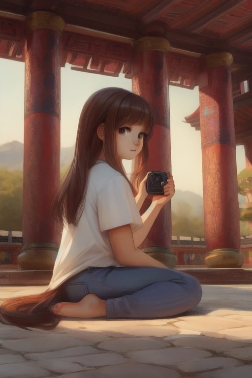 A beautiful girl with long  brown hair and brown eyes, wearing casual jeans and a white T-shirt, holding a camera, wandered around the Chinese palace, capturing the beauty and sacredness of ancient buildings.