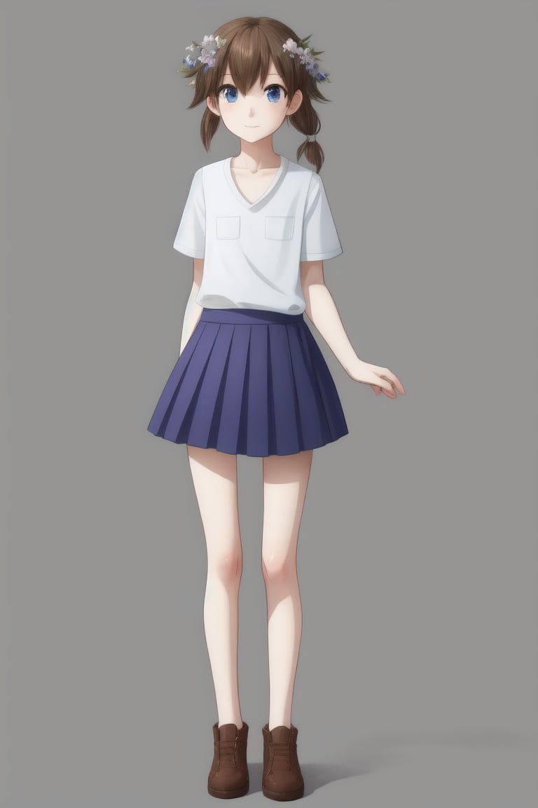 1girl, human, solo, gray plain background, kid, pale skin, brown hair, two ponytails, blue eyes, full body, ((skinny, unhealthily slim)), big clothes, too loose clothes, too big skirt, huge blue shirt, two white flowers in her hair,