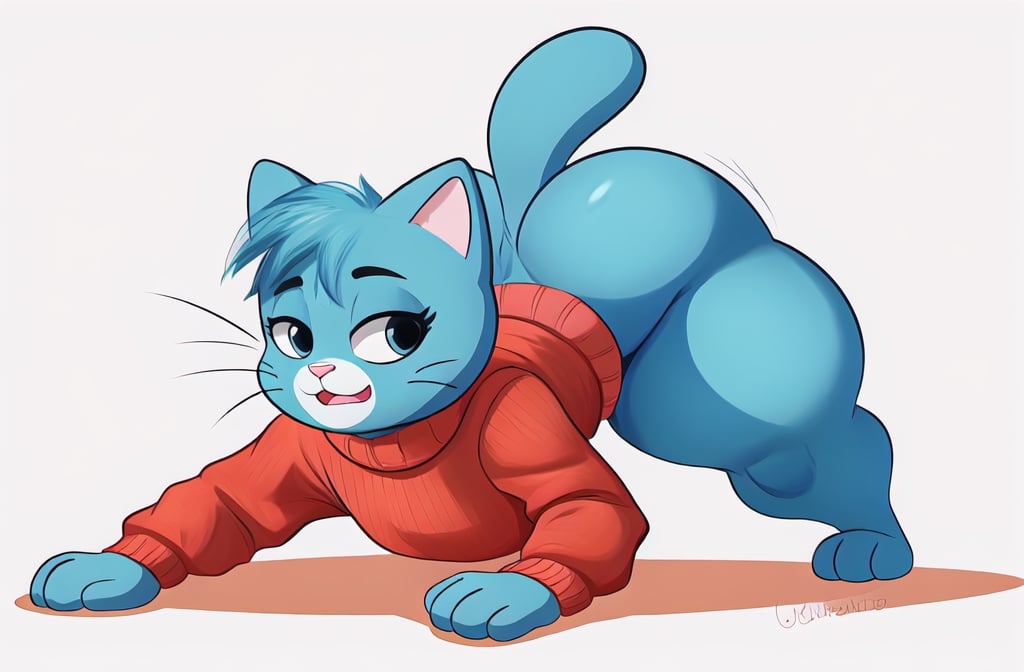 masterpiece, best quality, high detailed, furry, animal, ordinary animal, on all fours, kitten, sweet kitty, energetic pose, perfect proportions, ordinary cat, white background, blue hair, gumball waterson, sweater, stand front, full body,
((thick thighs, round thighs)),nicolewatterson