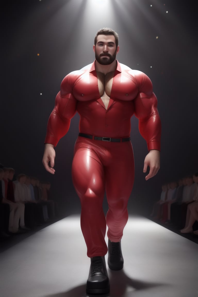 human, masterpiece, best quality, 8k, 1man, (front Photo), shiny skin, facial hair, walking on fashion show runway stage, wearing white sheer suit, highly detailed face and skin, realistic, mature, stubble, muscular, huge pecs, handsome, male focus, light particles, rim light, Use light to shine through clothes to reveal muscle contours, full body, skin color shows through the fabric of clothes,