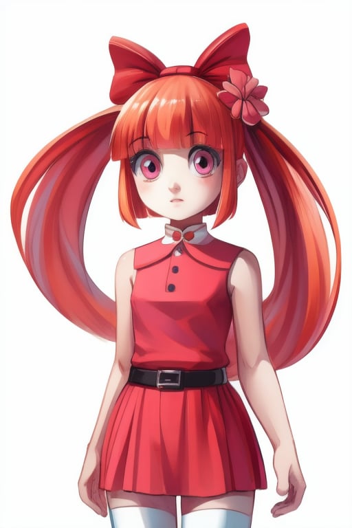 1girl, human, (Blossom:1.5), orange hair, blunt bangs, straight hair, pink eyes:1.2), (hair bow, red bow, sleeveless pink dress, simple black belt, white thighhighs:1.2), (white background, plain background), 