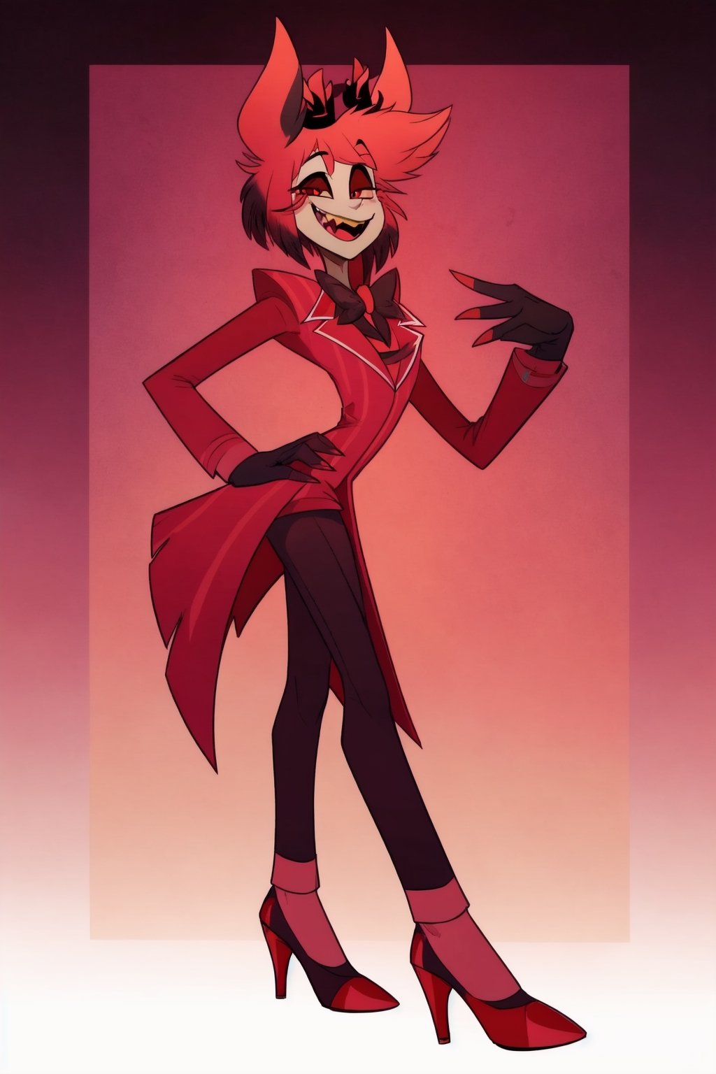 ((masterpiece, best quality)), 1boy, lucifer, full suit, cheeks, smile, thin, high heels, gloves, top hat, full body