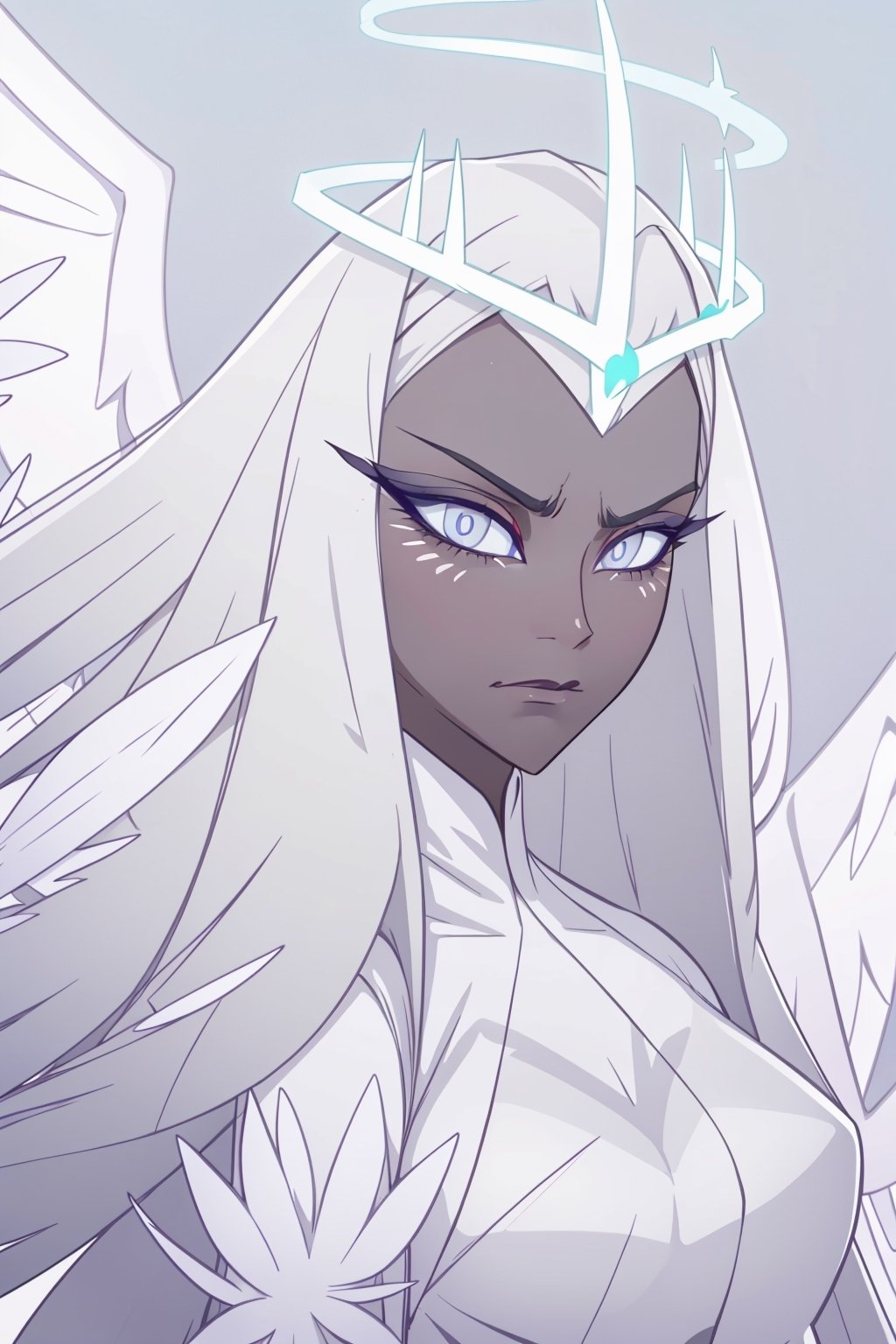 1girl, solo, long hair, closed mouth, upper body, white hair, wings, dark skin, makeup, frown, halo, eyeshadow, angel wings, angel, sera, long face, sharp jaw, gray sclera, white iris, black pupil