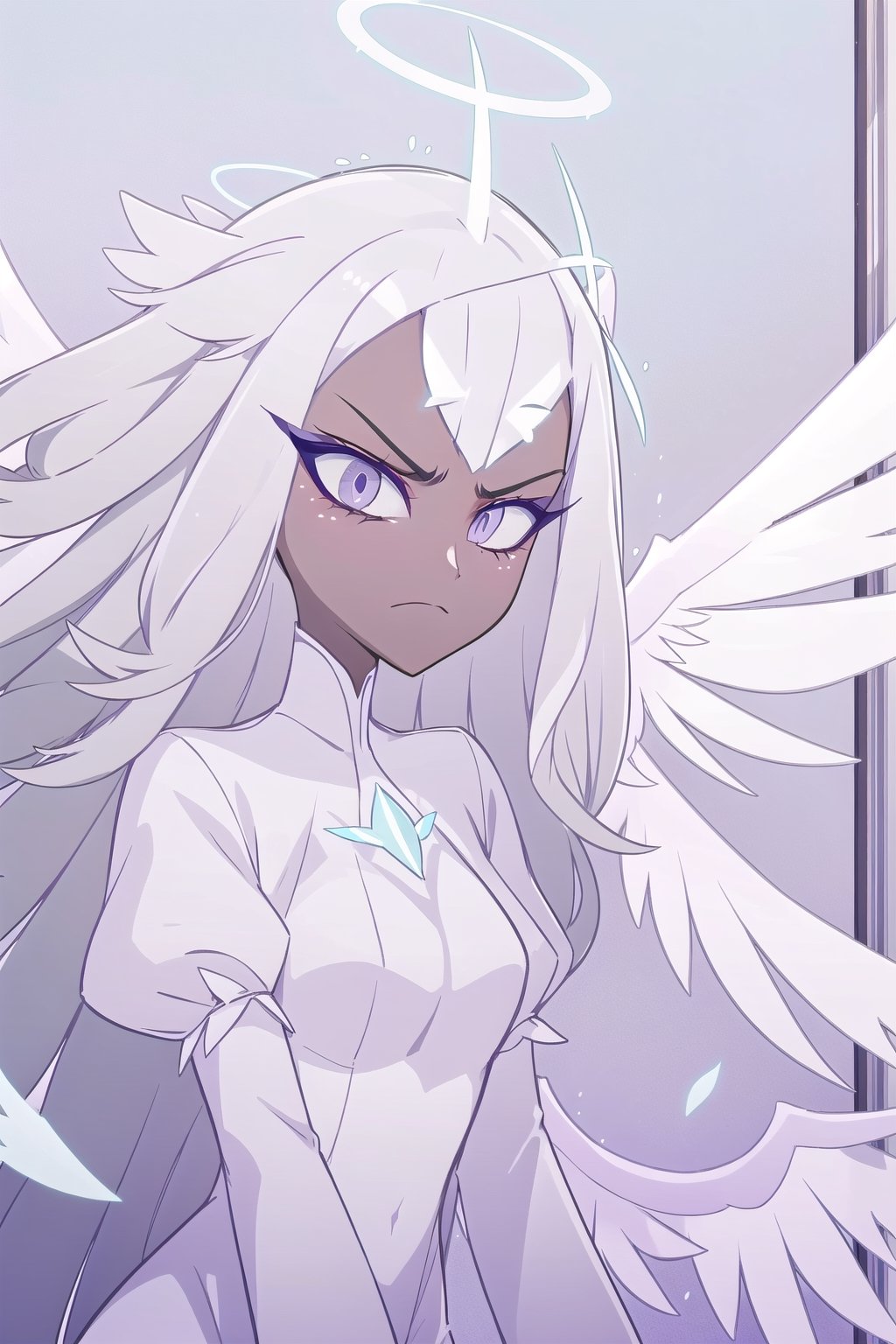 1girl, solo, long hair, closed mouth, upper body, white hair, wings, dark skin, makeup, frown, halo, eyeshadow, angel wings, angel, sera