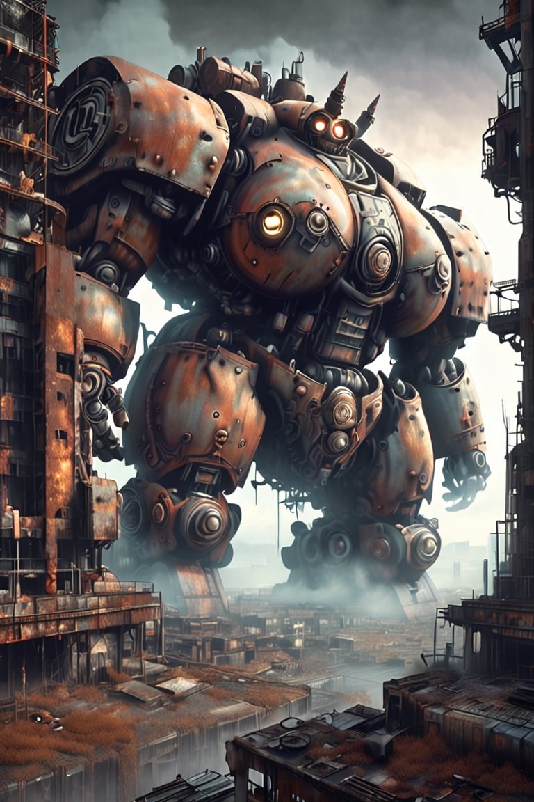 Misty ghostly abandoned rusty city, with large clockwork buildings and no people with a massive rusty kaiju mech building standing on the horizon. Very far away wide angle shot in highest quality with insane detail. DonM0ccul7Ru57XL, ((huge breasts, gigantic breasts)),