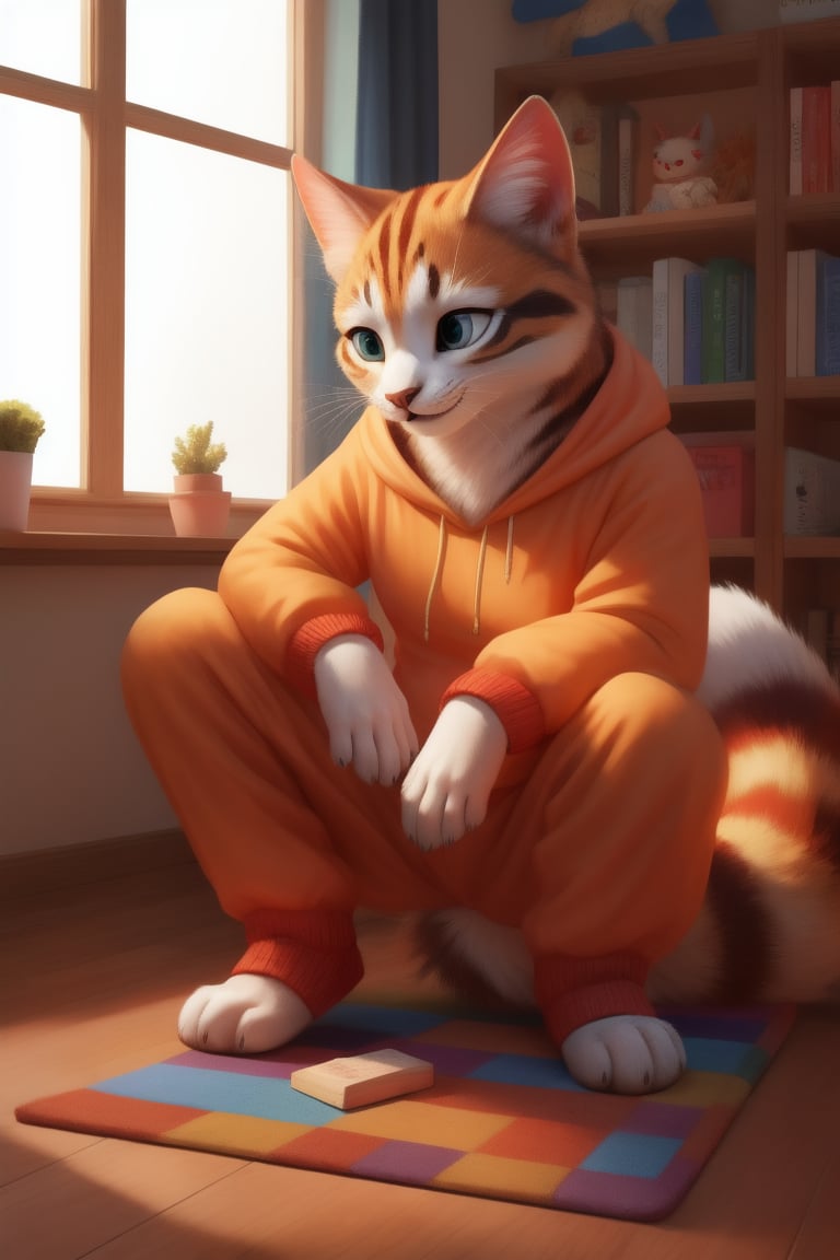 A playful kindergarten teacher, dressed as a cartoon cat, wears a vibrant orange onesie with bright yellow whiskers and matching ears. Her long, fluffy tail swishes behind her as she crouches down to engage with children playing board games on colorful mats. The realistic fur texture glistens in the soft morning light, filling the frame with warmth.