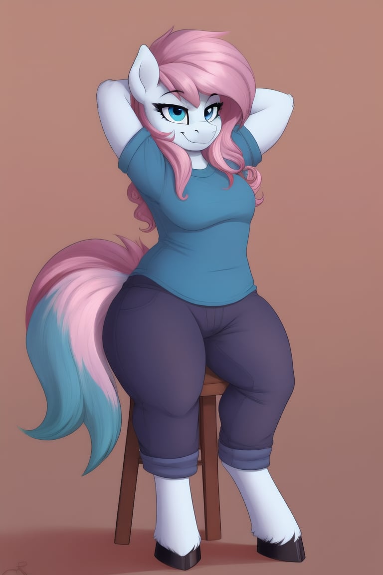 1girl, mlp, anthro pony, furry, blue fur, pink hair, bangs, straight hair, long tail, fluffy curly tail, stand, hooves, proud expression, smirk, hands behind the head, 