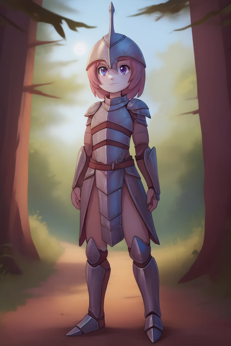 1girl, middle ages, metal armor, knight, knight armor, full knight armor, metal from head to toe, female knight, no helmet, long brown hair, beautiful face, young face, slim, beautiful purple eyes, forest in the background, stand clearing road,