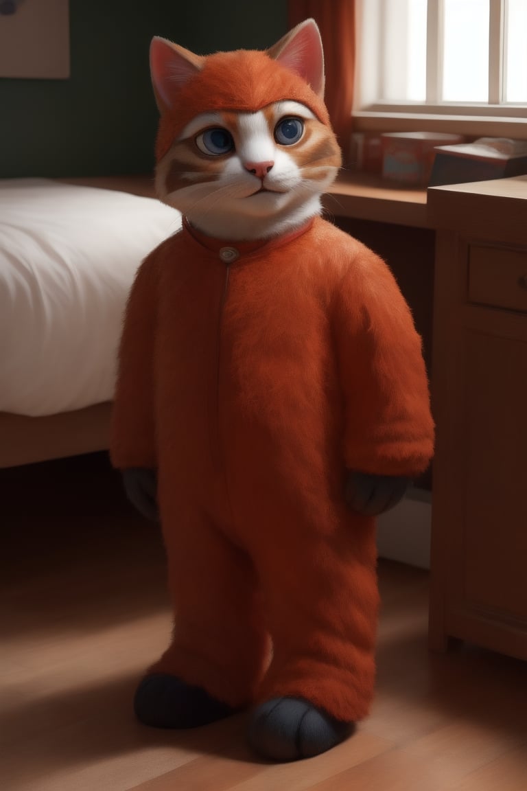 1person, realistic, costume, mascot, person in animal costume, cartoon character, cartoon cat, furry girl, realistic photo, realistic fur, children's games in the background, kindergarten, full body,