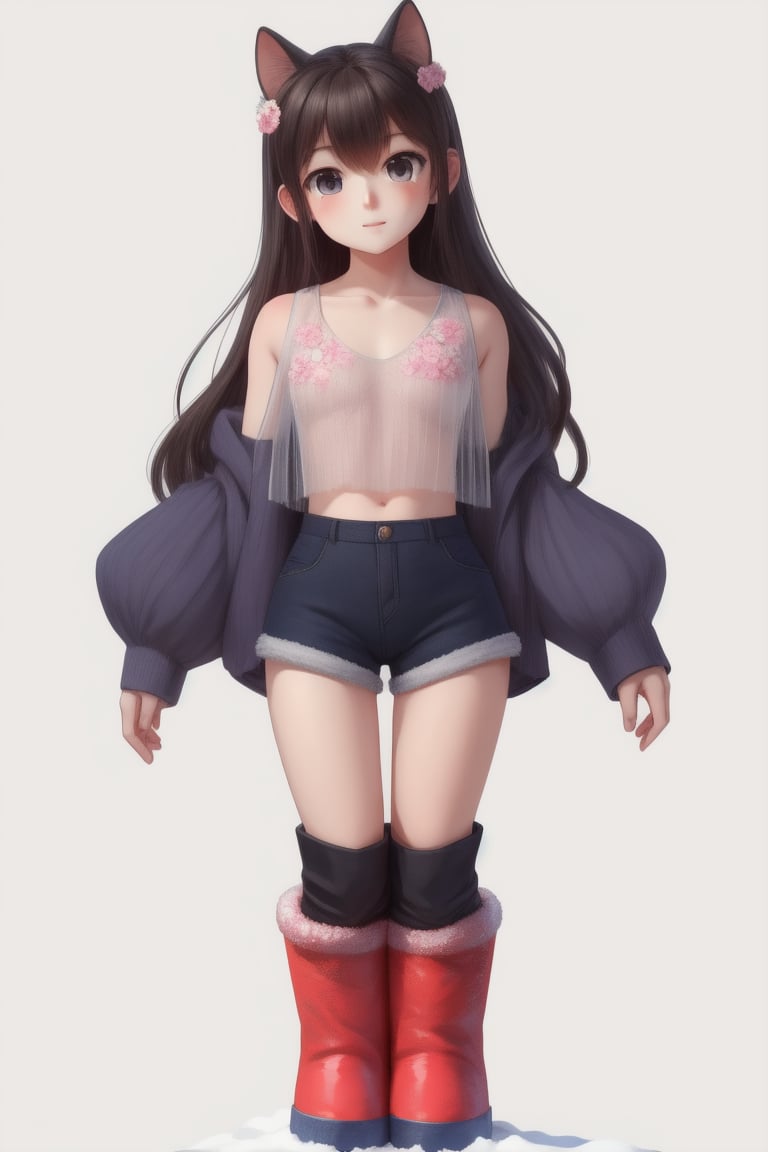 human, girl, 主：(foggy woods),((Full body image)),
人：1litte 1kid 7yo gril (Child:1.2),
體：(Beautiful girly body proportions),(smaller body frame),
髮：(long hair),
服：(((Low-cut collarless and sleeveless sweater with floral pattern))),(((Sheer sleeveless sweater))),(((deep V low neckline))),(very short denim hot pants),(((snow boots))),