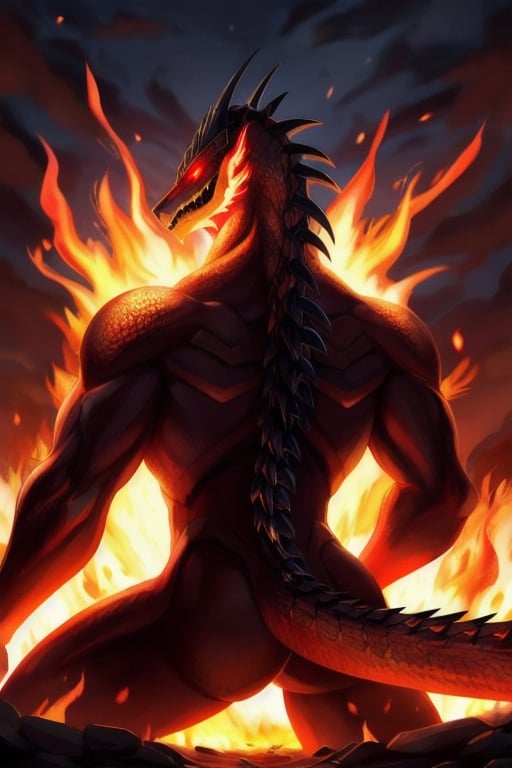 Inferno is a giant Titan covered in fiery orange scales. It's over 150 meters tall with glowing red eyes, sharp horns, and a mouth that breathes flames. Its claws can slice through steel, and its back is lined with glowing spines. Inferno embodies the raw power of fire and destruction.

