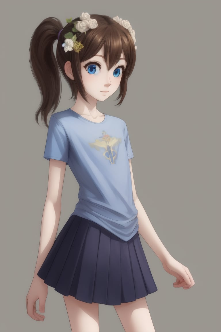 1girl, human, solo, gray plain background, kid, pale skin, brown hair, two ponytails, blue eyes, upper body, ((skinny, unhealthily slim)), big clothes, too loose clothes, too big skirt, huge blue shirt, two white flowers in her hair,