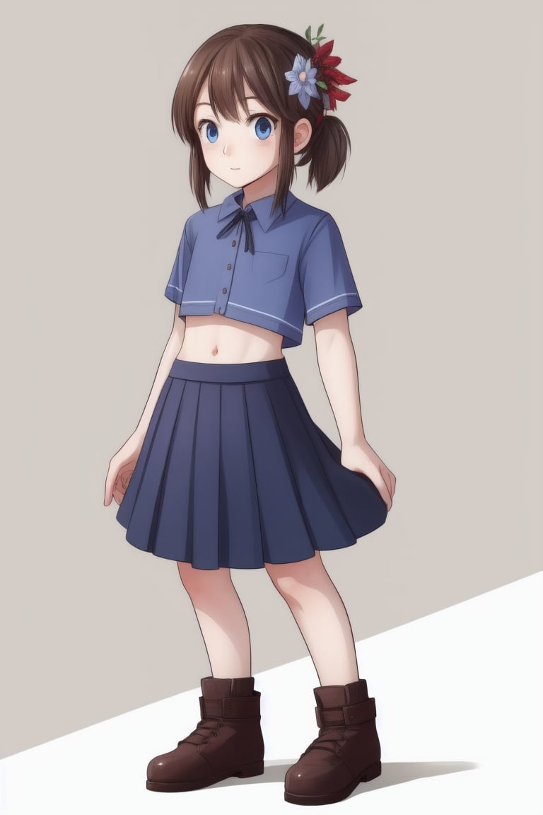 1girl, human, solo, gray plain background, kid, pale skin, brown hair, two ponytails, blue eyes, full body, ((skinny, unhealthily slim)), ((big clothes, loose clothes)), skirt and blue shirt, two white flowers in her hair,