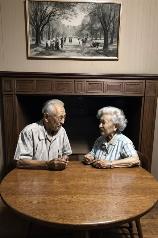 masterpiece, best quality, high detailed, park, ((old photo, photo from the 1950s)), photo of grandfather and grandmother, table, photo lying on the table,