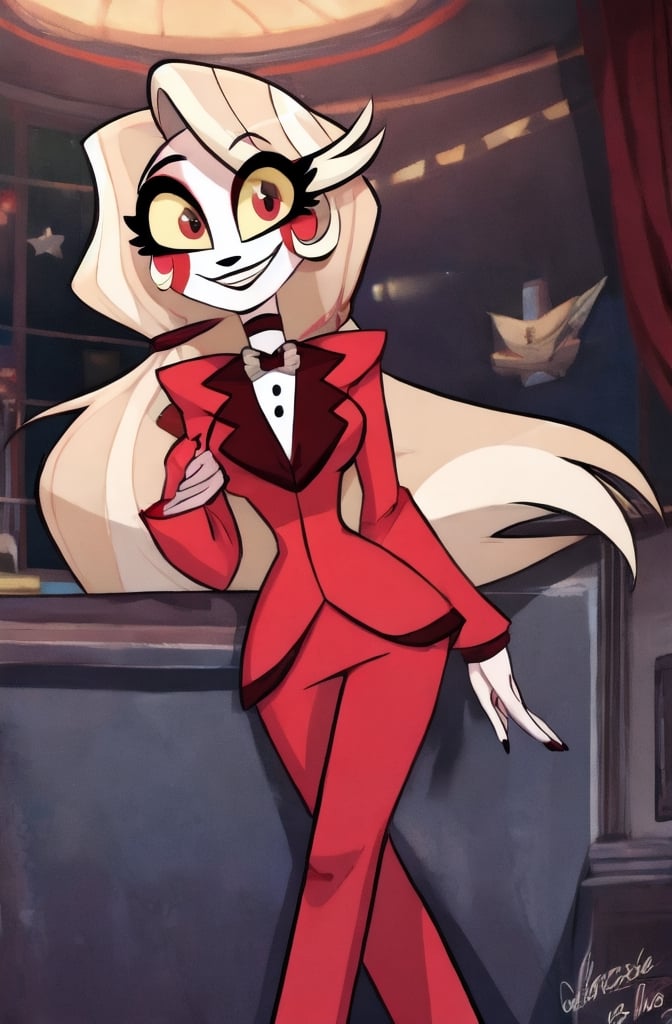 ((masterpiece, best quality, very detailed)), 1girl, charlie morningstar, smile, looking at viewer, red suit, vivziepop style, ((pilot episode)),