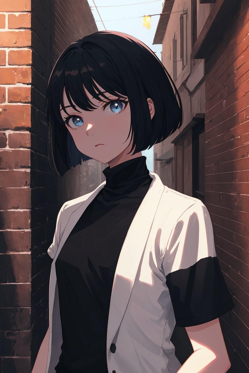 masterpiece, high quality, highres, 2D, illustration, upper body, face focus, 1girl, black hair, bobcut, bangs, blue eyes, closed mouth, black shirt, short sleeves, turtleneck, city, standing in an alley