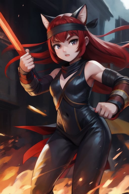 A 4K masterpiece captures a young girl, no more than 14 years old, dressed in a sleek and agile ninja warrior costume. Her slender legs are wrapped in tight black pants, with a dark grey bandana tied around her forehead. A red-haired bangs frames her fully-covered face, only the protruding locks visible. She stands in a dynamic fighting pose, her entire body tense and ready for battle, fully clothed in a dark outfit with a ninja headband.