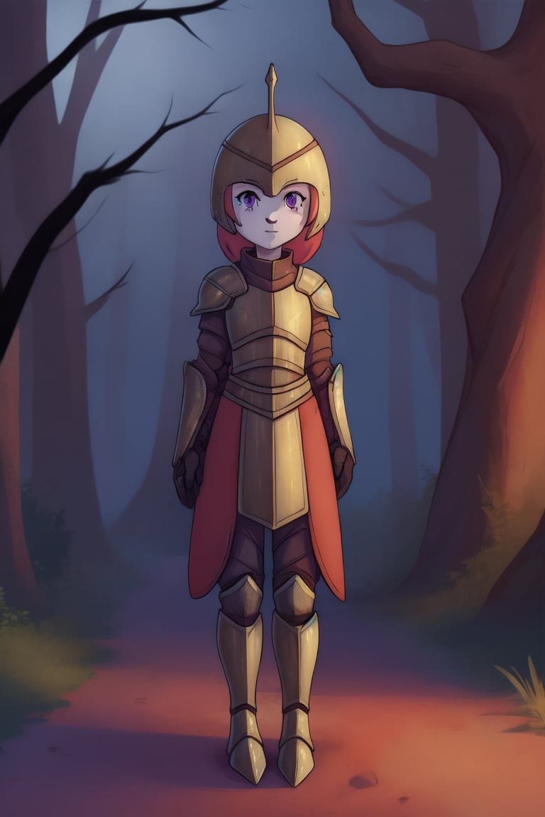 1girl, middle ages, metal armor, knight, knight armor, full knight armor, metal from head to toe, female knight, no helmet, long brown hair, beautiful face, young face, slim, beautiful purple eyes, forest in the background, stand clearing road,