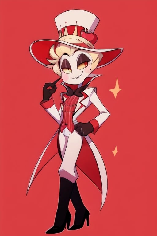 ((masterpiece, best quality)), 1boy, lucifer, full suit, cheeks, smile, thin, high heels, gloves, top hat, full body