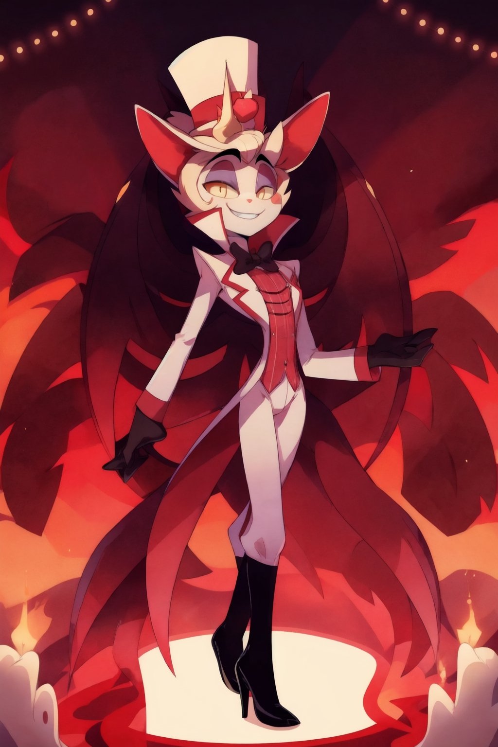 ((masterpiece, best quality)), 1boy, lucifer, full suit, cheeks, smile, thin, high heels, gloves, top hat, full body