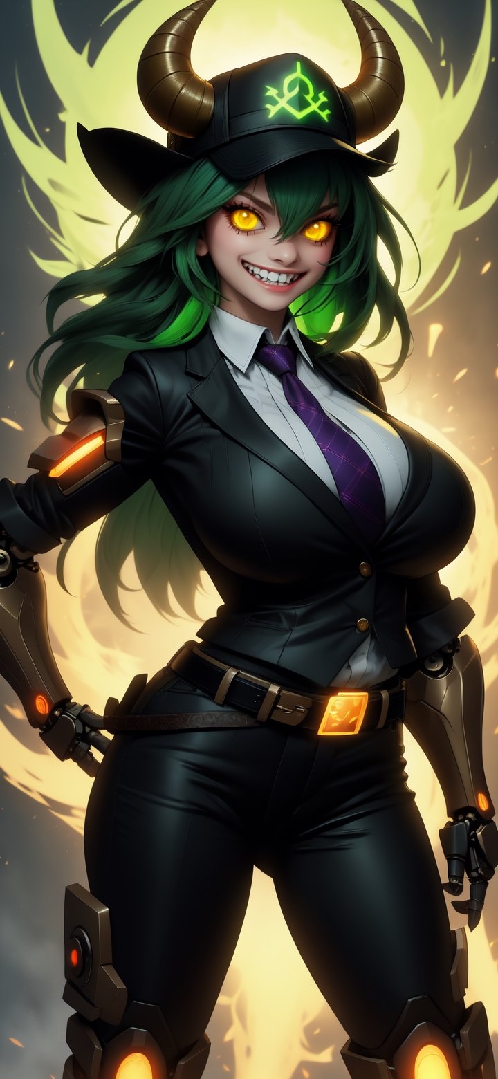 1girl, solo, long hair, looking at viewer, smile, hat, green eyes, multicolored hair, green hair, necktie, horns, teeth, belt, grin, hand on hip, glowing, sharp teeth, glowing eyes, colored sclera, mechanical arms, green necktie, gigantic breasts, sagging breasts, 