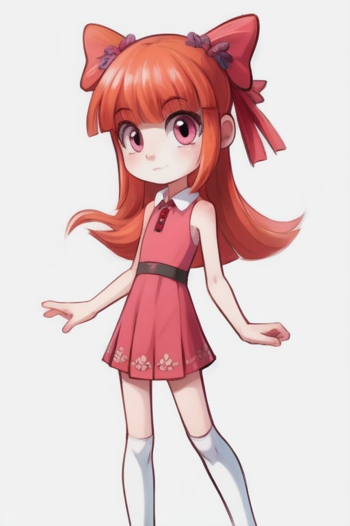 1girl, human, (blossom:1.5), orange hair, blunt bangs, straight hair, pink eyes:1.2), (hair bow, red bow, sleeveless pink dress, white thighhighs:1.2), (white background, plain background), ((skinny, young)),