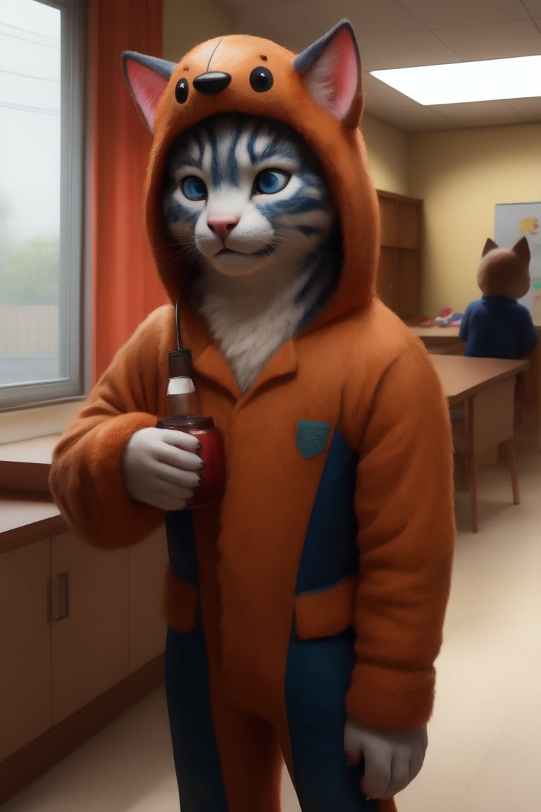 1person, realistic, costume, mascot, person in animal costume, cartoon character, cartoon cat, furry girl, realistic photo, realistic fur, children's games in the background, kindergarten, full body,