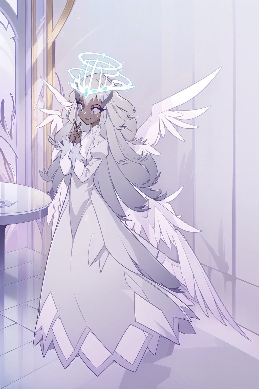 ((masterpiece, best quality, 1girl, solo)), angel, dark skin, grey skin, halo, glowing halo, full body, standing, dark eyes, dark thick eyelashes, long dress, dress, gradient hair, grey hair, smile, happy, face dots, covered neck, sera, wings, multiple wings,