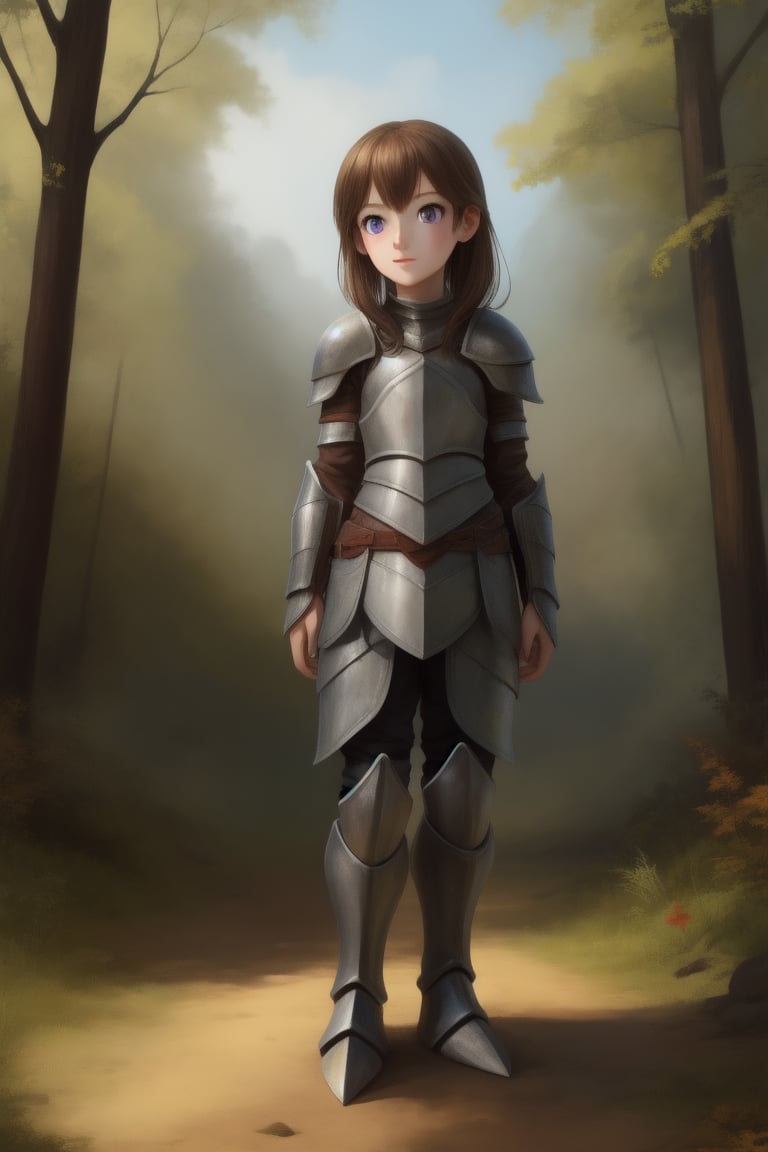 human, tall, full body, 1girl, middle ages, metal armor, knight, knight armor, full knight armor, metal from head to toe, female knight, no helmet, long brown hair, beautiful face, young face, slim, beautiful purple eyes, forest in the background, stand clearing road,