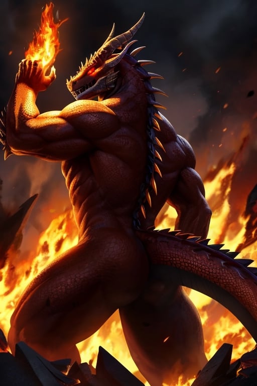 Inferno is a giant Titan covered in fiery orange scales. It's over 150 meters tall with glowing red eyes, sharp horns, and a mouth that breathes flames. Its claws can slice through steel, and its back is lined with glowing spines. Inferno embodies the raw power of fire and destruction.

