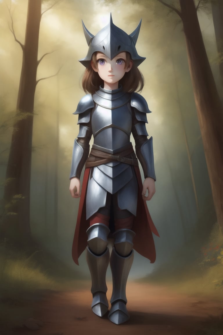 human, tall, full body, 1girl, middle ages, metal armor, knight, knight armor, full knight armor, metal from head to toe, female knight, no helmet, long brown hair, beautiful face, young face, slim, beautiful purple eyes, forest in the background, stand clearing road,