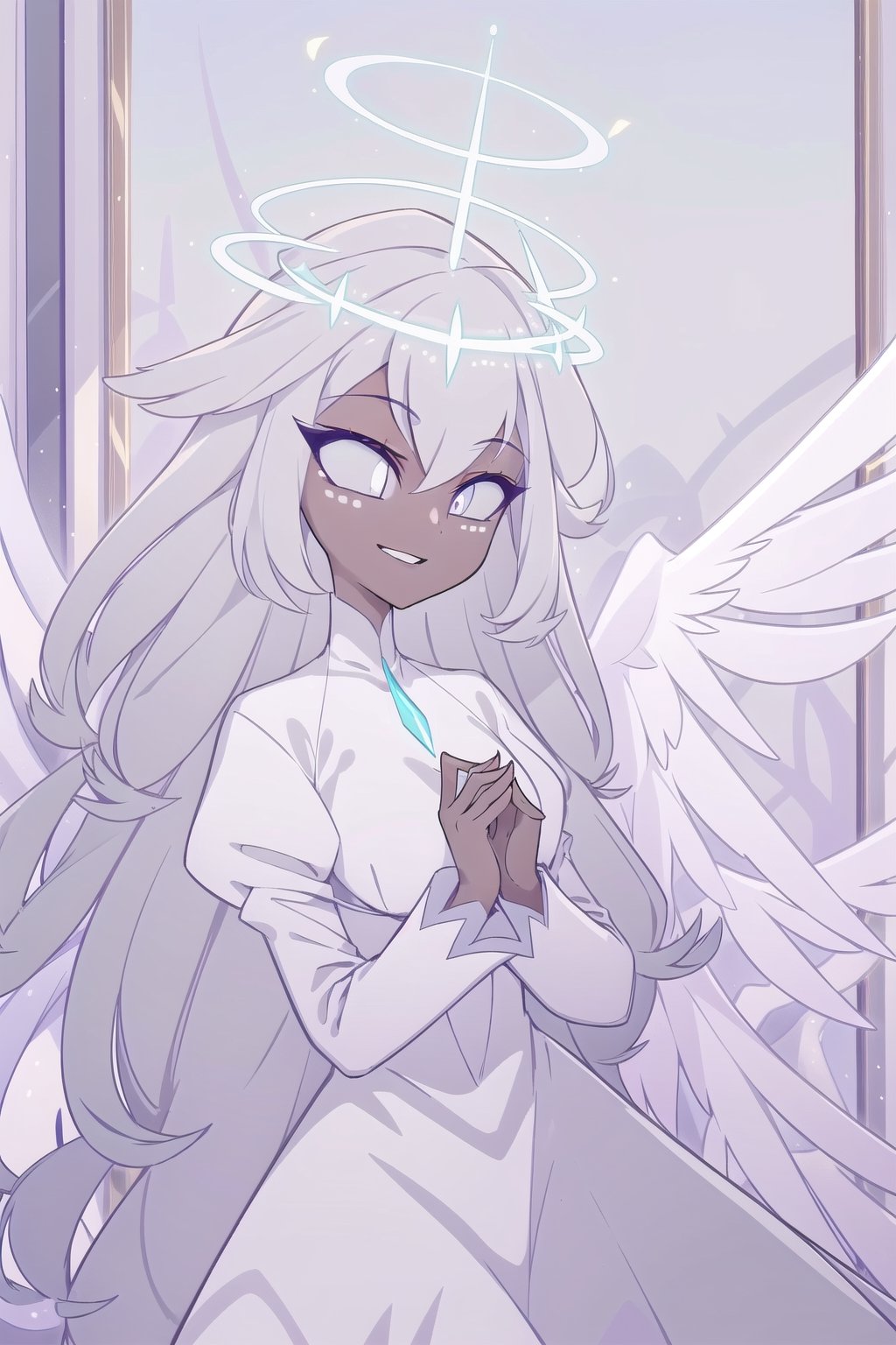 ((masterpiece, best quality, 1girl, solo)), angel, dark skin, grey skin, halo, glowing halo, upper body, face view, dark eyes, dark thick eyelashes, long dress, dress, gradient hair, grey hair, smile, happy, face dots, covered neck, sera, wings, multiple wings,